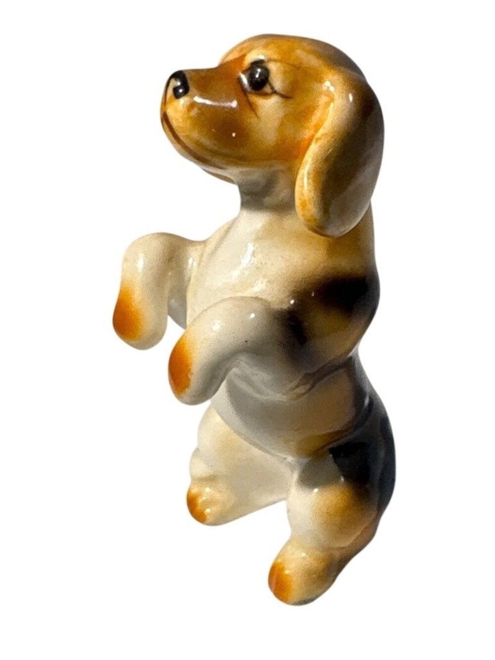 Ceramic Beagle Dog Figurine Brown & White Glaze Sitting Pose Collectible 2" Tall